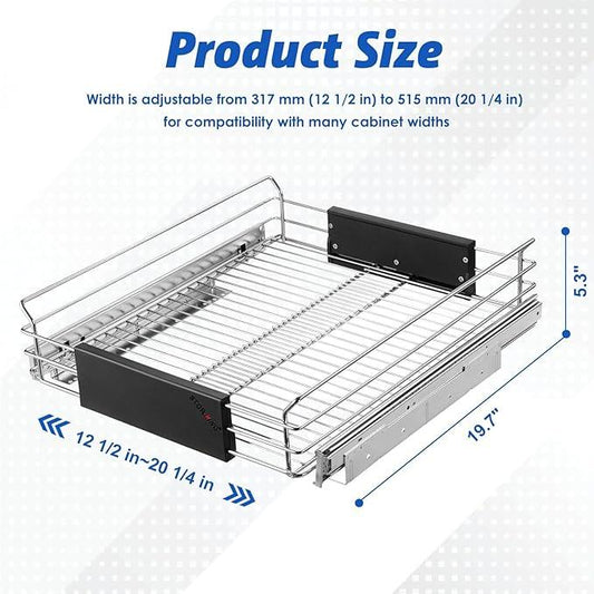 Expandable Pull Out Cabinet Organizer, Slide Out Drawers for Kitchen Cabinets, Heavy Duty Storage Drawers, Chrome Plated Cabinet Wire Shelf, Adjustable Width 12.5~20.2" W x 17.3" D - ModernBath
