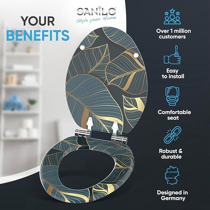 SANILO Wooden Toilet Seat with Soft Close [ELONGATED] - Decorative, Quiet & Slow Close Molded Wood Seat - With Strong Bumpers & Hinges - Adjustable Fit - Monstera - ModernBath