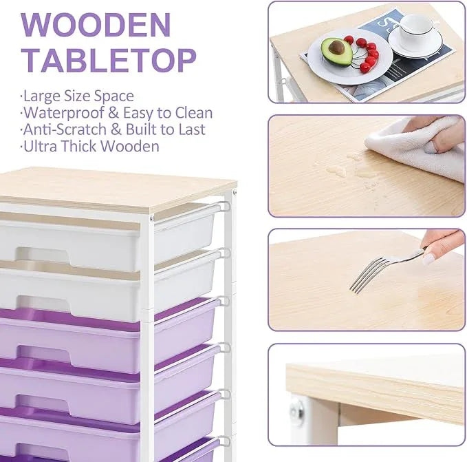 Rolling Cart with Drawers,Utility Cart With 8 Drawers and Wooden Tabletop for Living Room,Classroom,Bedroom,Bathroom,Dorm,Office,Purple - ModernBath