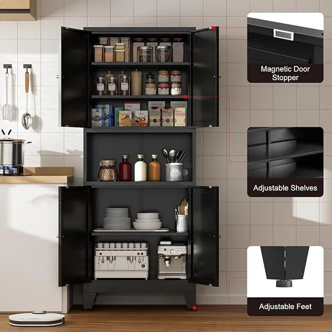 Metal Kitchen Pantry Cabinet, 69" Tall Storage Cabinet with 4 Doors and 3 Adjustable Shelves, Freestanding Cupboards for Dining Room, Living Room, Bathroom (Black, 69" H) - ModernBath
