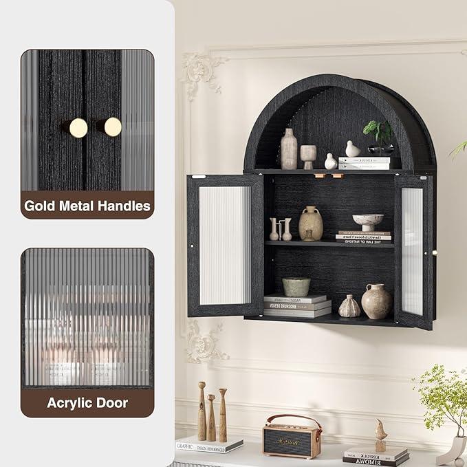 Bathroom Wall Cabinet, Arched Cabinet Wall Mount, 2 Acrylic Doors, 1 Adjustable and Removable Shelf, for Laundry Room, Living Room, Restroom, Kitchen, Black - ModernBath