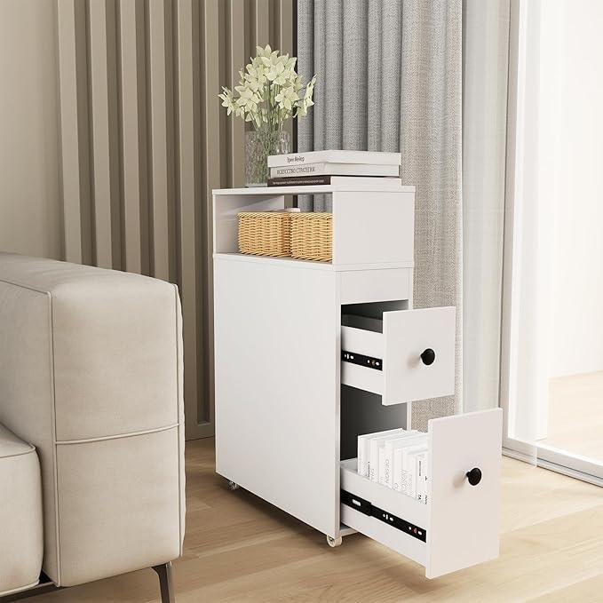 Tangkula Slim Bathroom Storage Cabinet, Movable Narrow Toilet Side Cabinet w/2 Slide Out Drawers, 2 Rattan Baskets & Shelves, Toilet Paper Holder on Wheels for Small Spaces - ModernBath