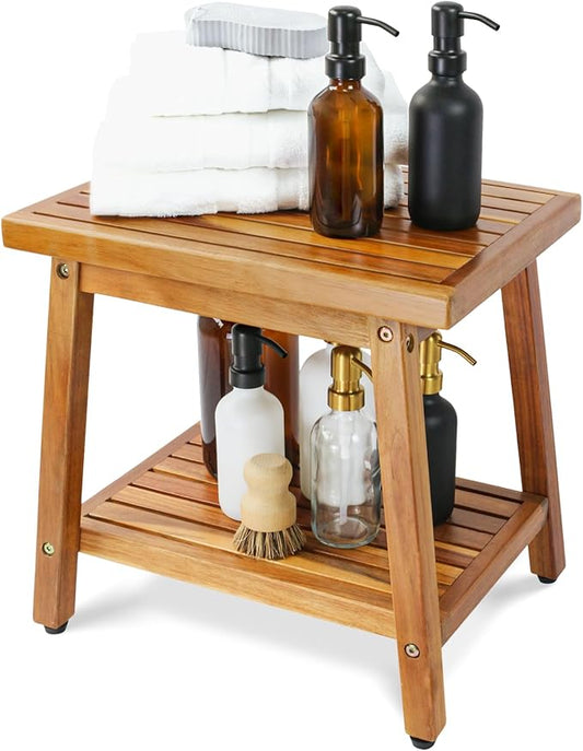 Shower Stool Bench Chair Waterproof with Storage Shelf for Shaving Legs, Spa, Bath Seat, Inside Shower Bench for Adults Seniors Elderly, Outdoor Side Table, Patio, Pool, End Table (16 Inches)