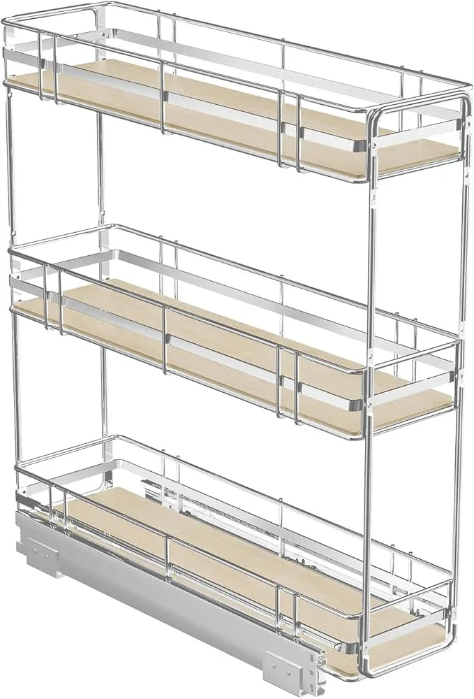ROOMTEC 3-Tier Pull Out Cabinet Organizer Spice Rack for Narrow Cabinet 7" W x 20½" D, Slide Out Wood Shelves Storage for Kitchen - ModernBath