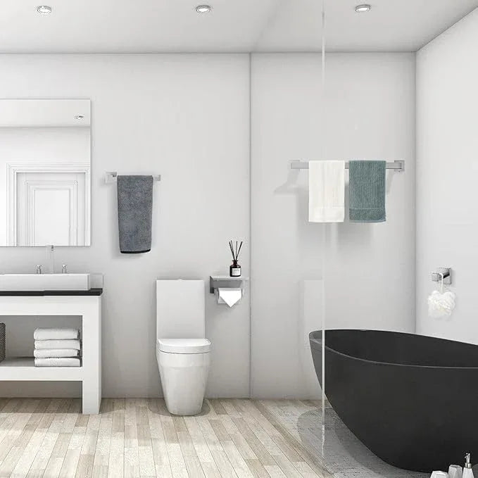 TURS Bathroom Hardware Set 4-Piece Brushed Bath Towel Bar Set Include 24 Inch Towel Bar Hand Towel Holder Towel Hook Toilet Paper Holder with Shelf Stainless Steel Bathroom Accessories Set - ModernBath