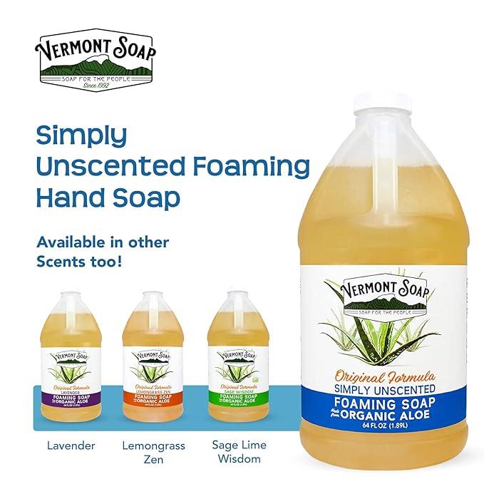 VERMONT SOAP Organic Unscented Foaming Hand Soap - Natural Moisturizing Soap for Dry Skin - Fragrance Free Liquid Bathroom Hand Soap - Simply Unscented - 64 oz - ModernBath