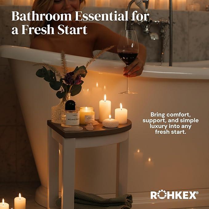 ROHKEX Waterproof Corner Shower Stool - Pack of 1, White & Brown - Stable Shaving Stool for Legs - Easy Assembly Plastic Shower Bench Seat - Non-Slip Feet, Gifts Idea for Home, Corner Bench Seat - ModernBath