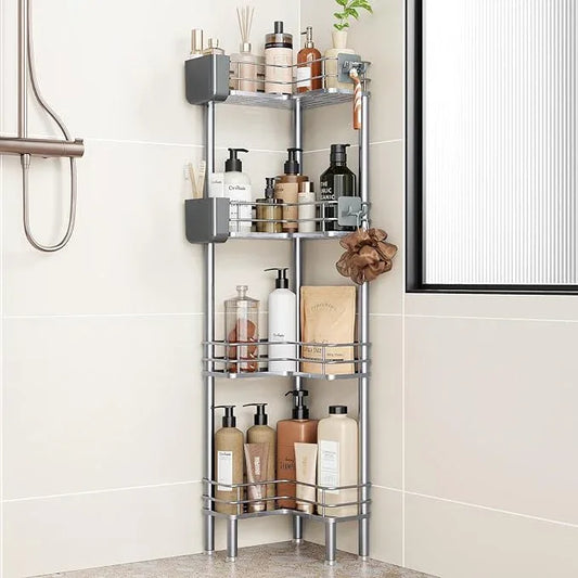 Orimade Rustproof 4 Tier Floor Standing Corner Shower Caddy Organizer with Toothbrush Holder, Large Spacing Floor Shower Shelf Rack Storage Stands with Hooks for Bathroom Kitchen, Silver - ModernBath