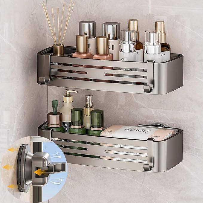 2Pcs Suction Cup Shower Caddy,Upgrade Extra-Strong Suction Shower Shelves with Hooks,No Drilling Waterproof & Rustproof Bathroom Organizers and Storage,Reusable Shower Racks for Shampoo and Toiletries - ModernBath