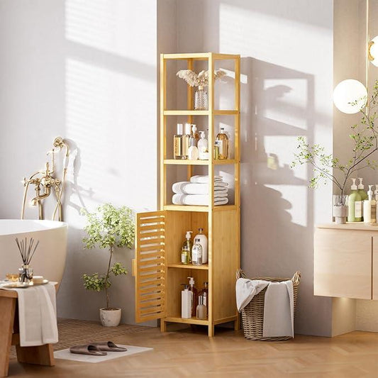 HITNET Bathroom Floor Cabinet, 6 Tier Tall Thin Linen Tower Storage Cabinet Free Standing Bamboo, Kitchen Side Organizer with 3 Shelves and Cupboard, Natural - ModernBath