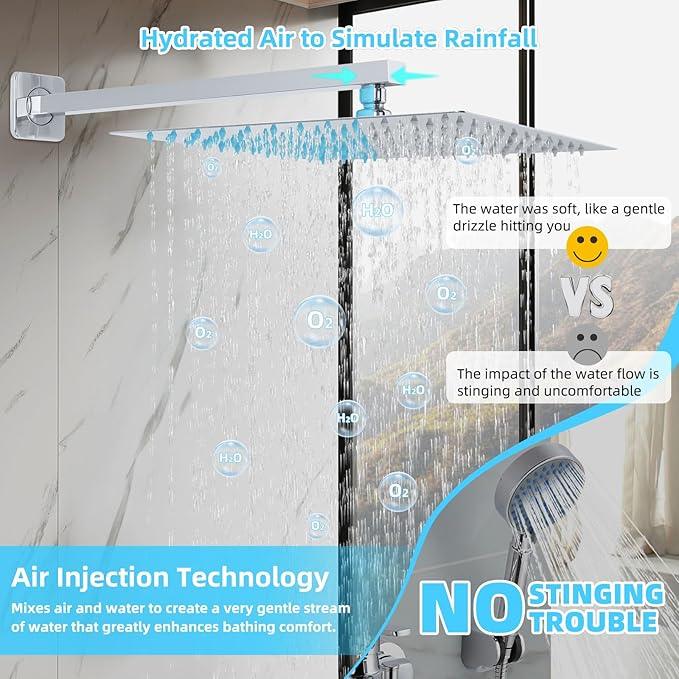 TENIGXT Bathroom Shower Faucet Set，12 Inch Rain Shower Head with Handheld Spray，Brass Shower Valve Trim Kit，Wall Mounted Square Rain Shower System (Chrome) - ModernBath