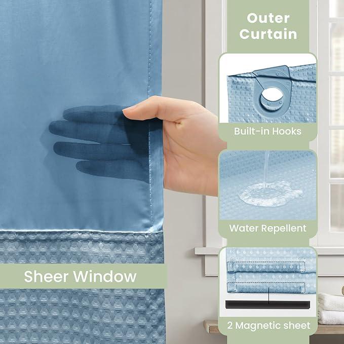 Inhousolu No Hook Shower Curtain with Snap in Fabric Liner Set Waffle Weave 230GSM Weighted Hem, Waterproof & Washable Bathroom Curtain Spa Luxury with Mesh Top Window 72" W x 72" L Teal - ModernBath