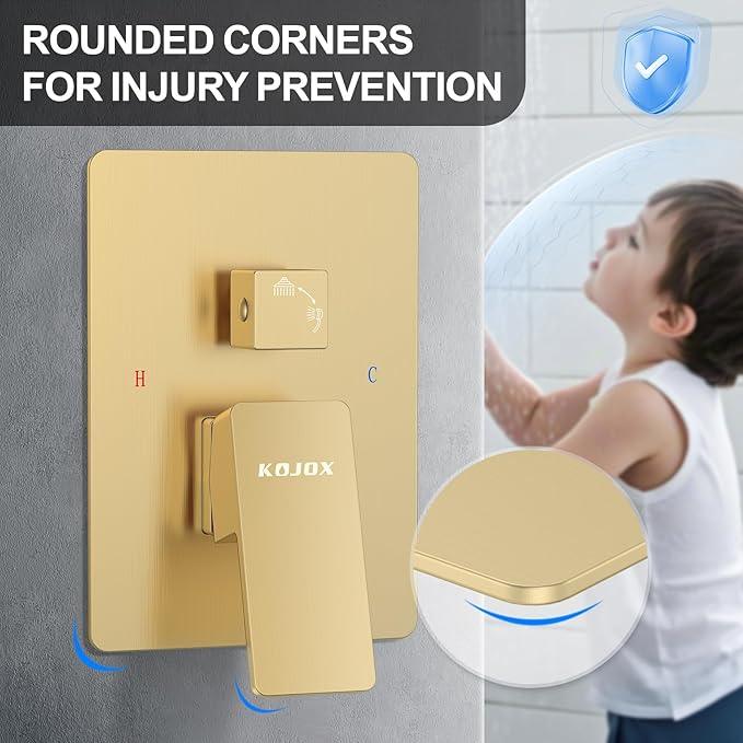 Shower System 13-Inch Rainfall Shower Head - 3 Setting Handheld Sprayer, Complete Bathroom Set with Faucet Mixer Trim Kit & Valve Brushed Gold - ModernBath