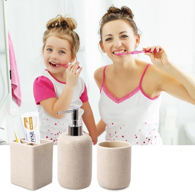 Resin 6 Pcs Beige Bathroom Set Complete with Toothbrush Holder, Lotion Soap Dispenser, 2 Qtip Holder Dispensers,Vanity Tray,Bathroom Tumbler - Countertop Vanity Organizer - Bathroom Accessories Set - ModernBath