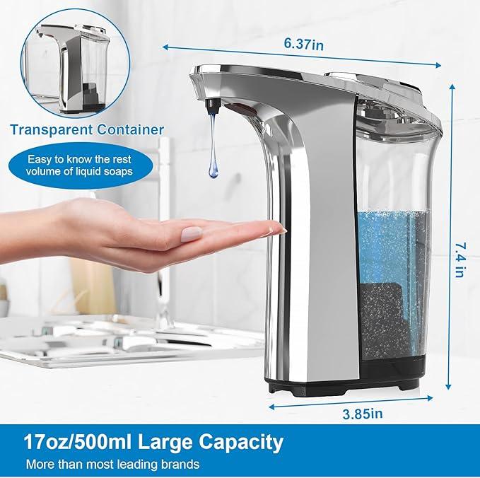 PZOTRUF Automatic Soap Dispenser, Touchless Dish Soap Dispenser 17oz/500ml with Upgraded Infrared Sensor, 5 Adjustable Soap Dispensing Levels, Liquid Hand Dispenser for Bathroom (Silver Set) - ModernBath