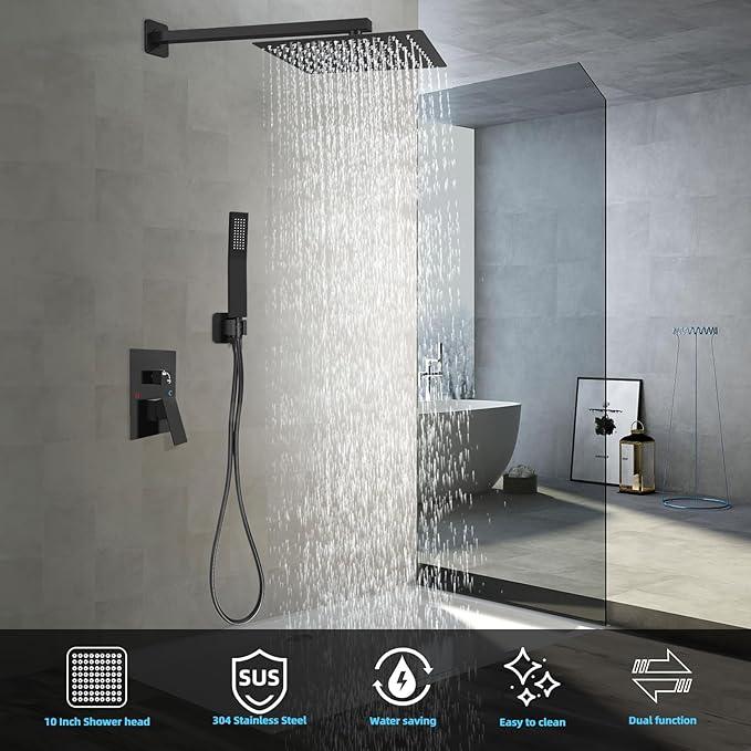 TENIGXT Bathroom Shower Faucet Set，10 Inch Rain Shower Head with Handheld Spray，Brass Shower Valve Trim Kit，Wall Mounted Square Rain Shower System (Matte black) - ModernBath