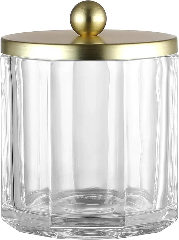 Indecor Home Clear Transparent Apothecary Octagional Shaped Glass Canister Jar With Gold Metal Lid Cover for Bathroom Organization, Cotton Balls, Q Tips, and Small Accessories, Bathroom Storage - ModernBath