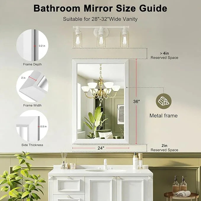 Bathroom Mirror for Over Sink,24x36Inch White Thick Anti-Rust Metal Frame, Rectangle Decorative Wall Mirror with HD Tempered Glass, Horizontal or Vertical Mount for Vanity, Bathroom,Living Room - ModernBath
