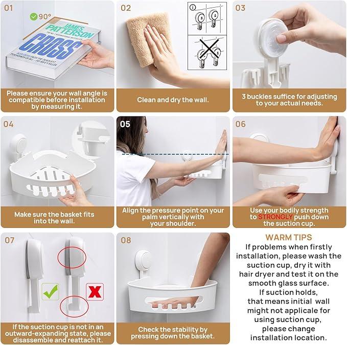 LEVERLOC Corner Shower Caddy Suction Cup, Shower Caddy Basket Powerful Suction Bathroom, Waterproof & Rustproof Organizer for Bathroom Storage, No-Drilling Removable (White) - ModernBath
