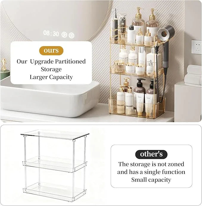 Bathroom Counter Organizer for Vanity, Makeup Organizer Countertop with Holder, Large Capacity Storage Rack, Perfect Large Skincare, Hair Care, Perfume, Easy to Install (Gold, 3Tiers) - ModernBath