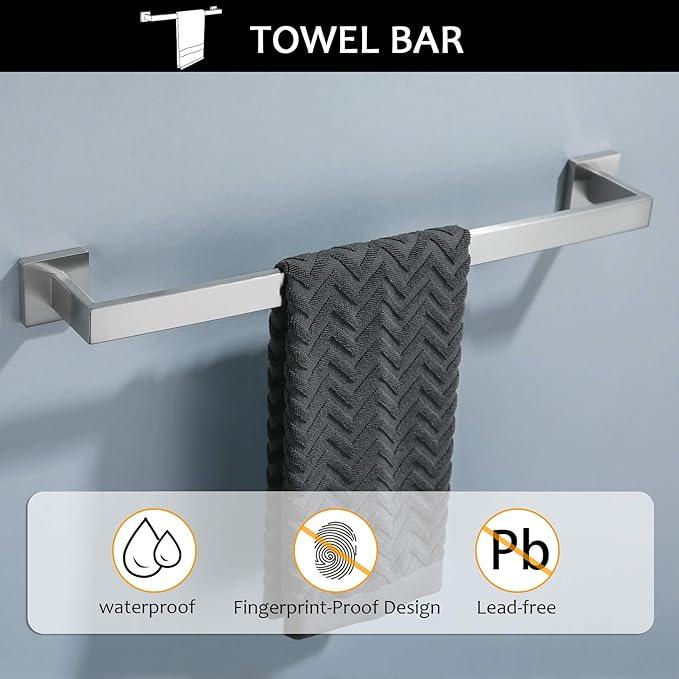 TNOMS Bathroom Towel Bar Set 5 Pieces Brushed Nickel Square Modern Bathroom Hardware Set,Stainless Steel Wall Mounted 23.6-Inch - ModernBath