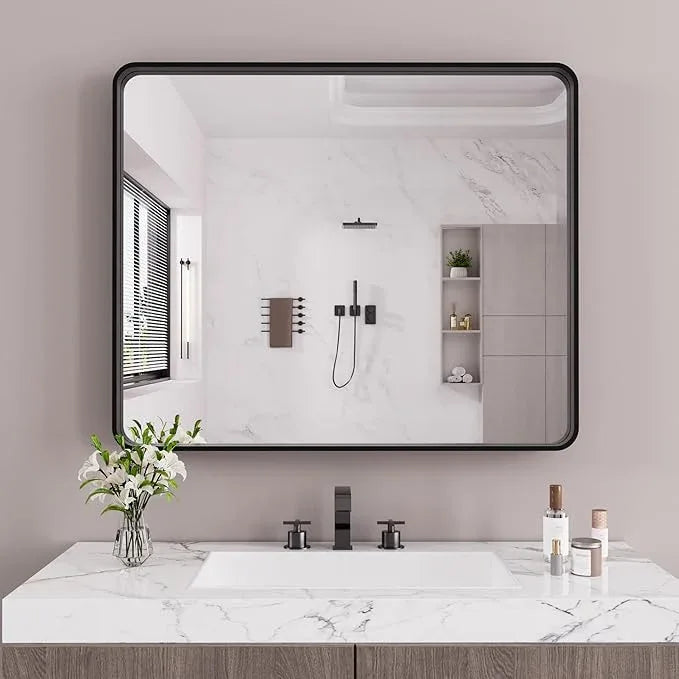 JISOSO Black Bathroom Mirror 48X40 Inch, Black Metal Framed Mirror for Wall, Rounded Rectangle Matte Bathroom Vanity Mirror with Tempered Glass, Anti-Rust, Horizontal/Vertical - ModernBath