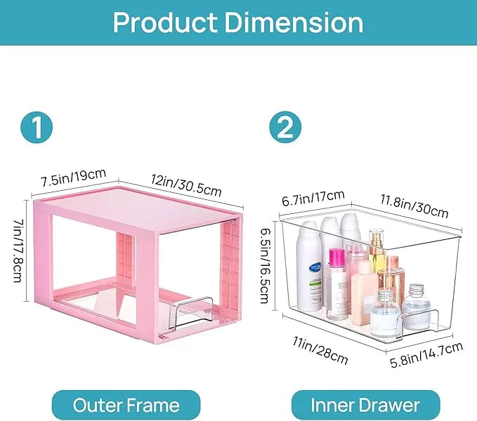 Vtopmart 4 Pack Large Stackable Storage Drawers,Pink,Easily Assemble Acrylic Bathroom Closet Undersink Organizers and Storage,Plastic Bins for Kitchen Cabinets,Pantry,Makeup,Medicine Organization - ModernBath