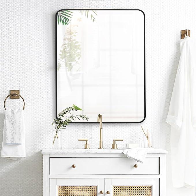 Bonverre 24x32 Inch Rectangle Bathroom Mirror with Black Metal Frame, Rounded Corner Rectangular Vanity Mirror for Wall, Modern Large for Bedroom, Living Room, Horizontal or Vertical - ModernBath