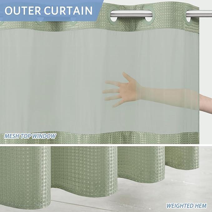 Furlinic Extra Long Waffle Weave No Hook Shower Curtain with Snap in Liner,Heavy Duty Textured Fabric Bathroom Curtains with Mesh Top Window,Waterproof & Machine Washable,Sage Green,71x96 Inch - ModernBath