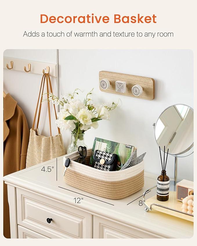 Small Woven Basket, 12 x 8 x 4.5 Inches, Storage Basket for Organizing, Cute Small Rope Shelf Closet Cube Storage Bins Baskets for Shelves, Dog Toy Gift Baskets Empty, 3 Pack White & Brown - ModernBath