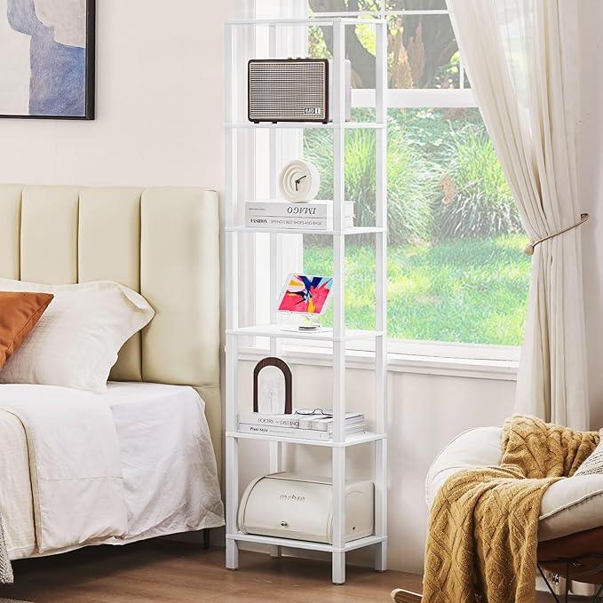 66in Tall Bookshelf 6-Tier Small Narrow Bookcase, Skinny Book Shelf for Small Space, Farmhouse Slim Shelf with Storage, Wood Freestanding Display Thin Bookshelves for Living Room, Office, White - ModernBath