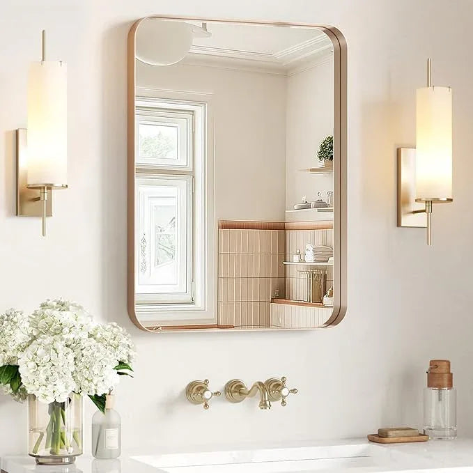USHOWER Gold Bathroom Mirror 22"x30", Brushed Gold Rectangle Mirror for Over Sink, Rounded Corner, Aluminum Frame, Anti-Rust, Tempered Glass, Horizontal or Vertical Mounted - ModernBath