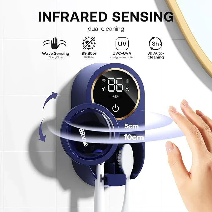 Bitvae Upgraded Tooth Brush Holder for Bathroom 2.0, Infrared Sensing Toothbrush Cleaner, Wall-Mounted for Most Size Toothbrushes, Air Drying, LED Smart Screen, Navy Blue - ModernBath
