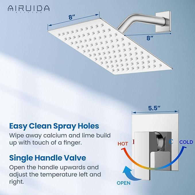Airuida Shower Faucet Set Bathroom Rain Shower System 8 Inch Square Showerhead Single Function 1 Handle Trim Kit with Female Thread Rough-in Valve Cover Plate with H and C Labels Chrome Polish - ModernBath