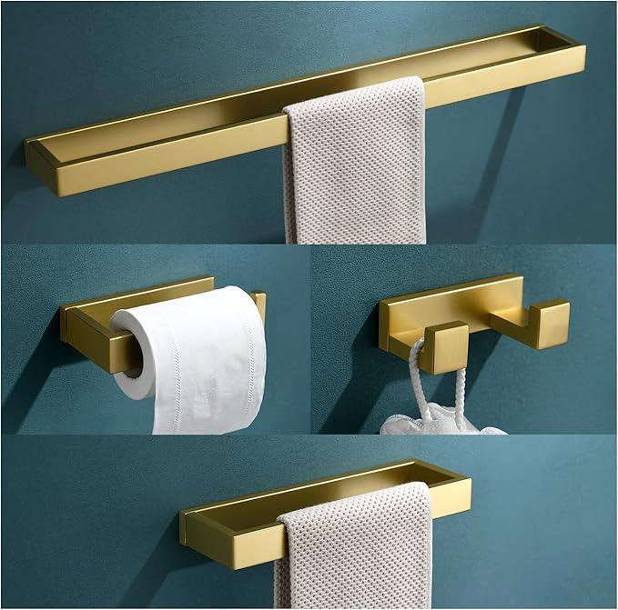 TNOMS 4-Piece Modern Gold Bathroom Hardware Accessories Set - Towel Bar & Holder, Stainless Steel, Wall Mounted, 23.6 Inch - ModernBath