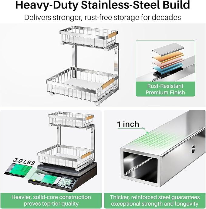 Under Sink Organizer, Stainless Steel 2 Packs 2 Tier Under Sink Organizers and Storage, Slide out Pull out Cabinet Shelf, Sliding Drawer for Kitchen Bathroom Pantry Cabinet Closet Organization Rack - ModernBath