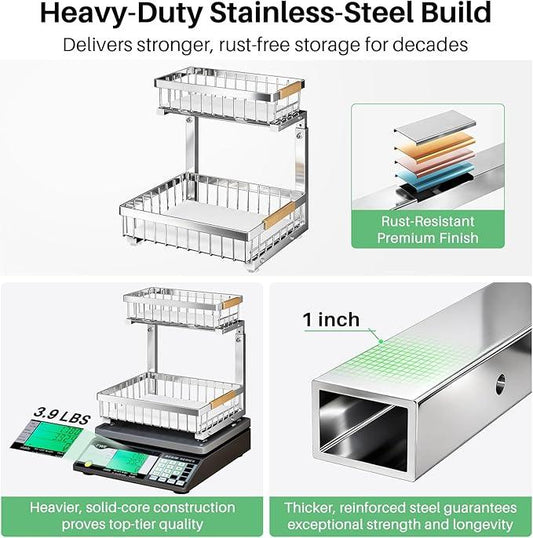 Under Sink Organizer, Stainless Steel 2 Packs 2 Tier Under Sink Organizers and Storage, Slide out Pull out Cabinet Shelf, Sliding Drawer for Kitchen Bathroom Pantry Cabinet Closet Organization Rack - ModernBath