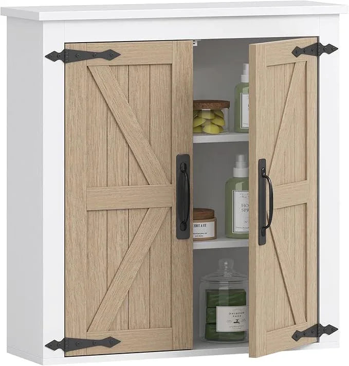 Spirich Bathroom Wall Cabinet Over Toilet, Farmhouse Wall Mounted Medicine Cabinet Organizer with Wood Grain Barn Doors and Adjustable Shelves - ModernBath