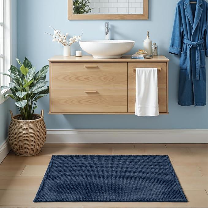 DEXI Bathroom Rugs 20x32, Non Slip Washable Bath Mat, Absorbent Chenille Bathmat, Ultra Soft Thick Carpet for Tub Shower Floor, Navy - ModernBath