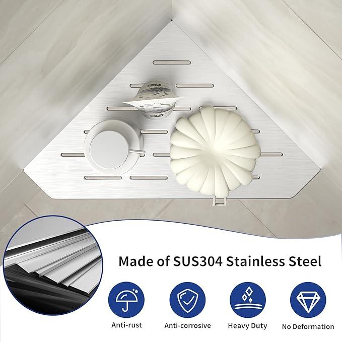 Corner Shower Shelf 10" Brushed 304 Stainless Steel Pentagonal Heavy Duty Floating Corner Sheves Slot Design Recessed Bathroom Shelf for Tiled Wall 2 Pack, No Drilling Needed - ModernBath