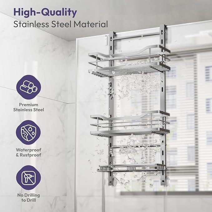 SWTYMIKI Over the Door Shower Caddy - 3 Tier Adjustable Shower Organizer Hanging with Soap Holder, No Drilling Stainless Steel Bathroom Rack Hanging for Body Wash, Shampoo, Soap, Razor, Silver - ModernBath