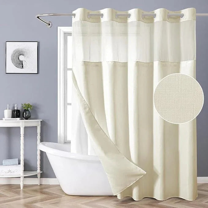 eachope Extra Long No Hook Shower Curtain with Snap-in Fabric Liner Set,Slub Textured Fabric Shower Curtains for Bathroom,Hotel Style Modern Shower Curtain,Water Repellent & Washable,71x86(84),Cream - ModernBath