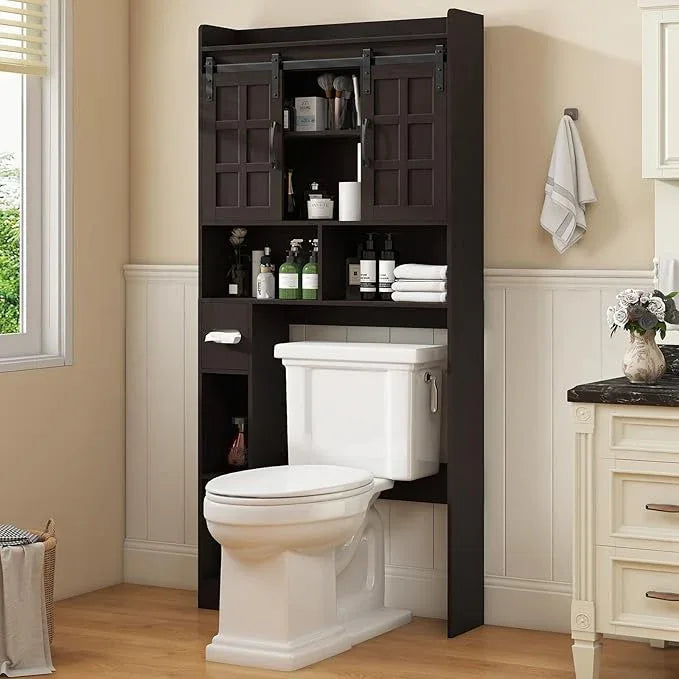 Over The Toilet Storage Cabinet, Farmhouse Storage Cabinet Over Toilet with Sliding Doors，Home Space-Saving Toilet Rack, for Bathroom, Restroom, Laundry. Espresso - ModernBath