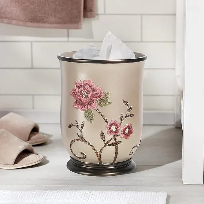 Zahari Home 2pc Larrisa Floral Bathroom Decor Set Waste Basket for Bathroom & Tissue Cover Modern Classic Contemporary Decor Stylish Unique Design Beautiful Bathroom Accessories Set - ModernBath