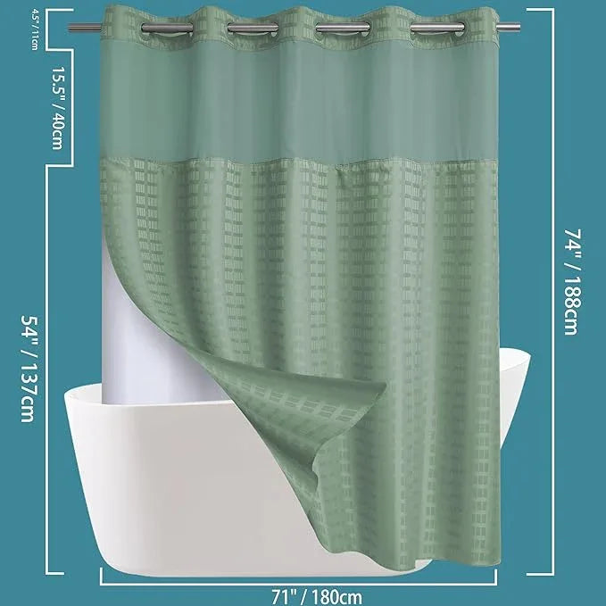 Conbo Mio No Hook Sage Green Shower Curtain with Snap in Liner Set, Hotel Luxury Shower Curtains for Bathroom with See Through Top Window, Waterproof, Washable 71W x 74H - ModernBath