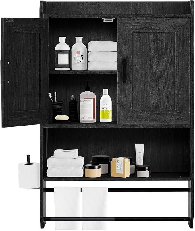 Bathroom Wall Cabinet, Wooden Medicine Cabinet Over the Toilet with Adjustable Inner Shelf, Wall Mounted Cabinet with Doors for Bathroom Storage, Hanging Cabinet for Wall with Towels Bar (Black) - ModernBath