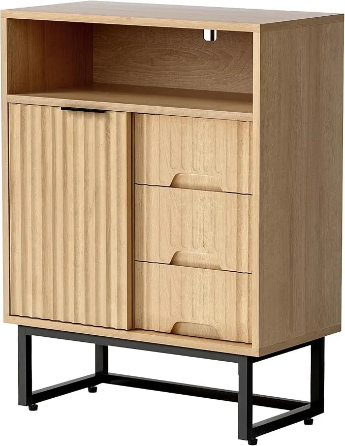 Fluted Kitchen Cabinets Set of 2, Modern 3 Drawers Storage Organizer with Sliding Doors Adjustable Shelf Wood Storage Cabinets for Bathroom Dining Room Living Room - ModernBath
