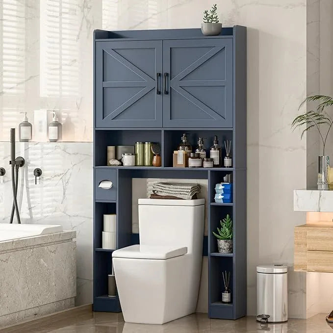 Over The Toilet Storage Cabinet, Farmhouse Toilet Cabinet Rack with Barn Doors, Space Saving Bathroom Organizer with Shelves, Toilet Paper Holder and Towel Rack for Bathroom,Restroom,Laundry,Blue - ModernBath