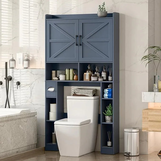 Over The Toilet Storage Cabinet, Farmhouse Toilet Cabinet Rack with Barn Doors, Space Saving Bathroom Organizer with Shelves, Toilet Paper Holder and Towel Rack for Bathroom,Restroom,Laundry,Blue - ModernBath