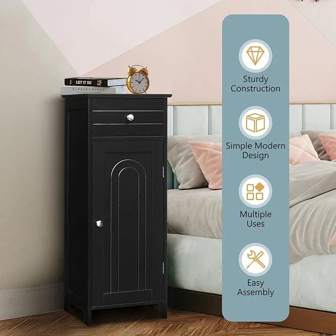 COSTWAY Bathroom Storage Cabinet, Single Door Floor Cabinet with Drawer and 3-Level Adjustable Shelves, Modern Side Storage Organizer with Anti-Tipping Device for Living Room, Bedroom (Black) - ModernBath